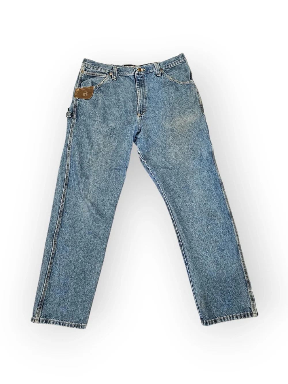Wrangler Riggs Workwear Carpenter Jeans 38x34 Leather Pocket Clip Blue Denim